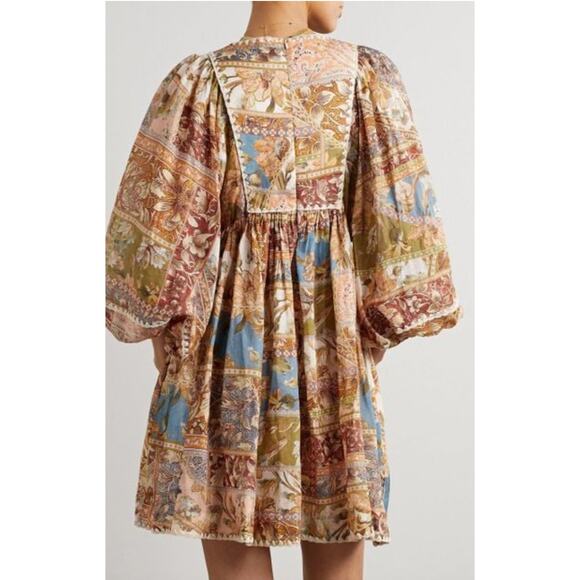 Zimmermann Chintz Billow Mini Dress Floral Crochet Long Sleeves Multi 2 Petite - Picture 5 of 9